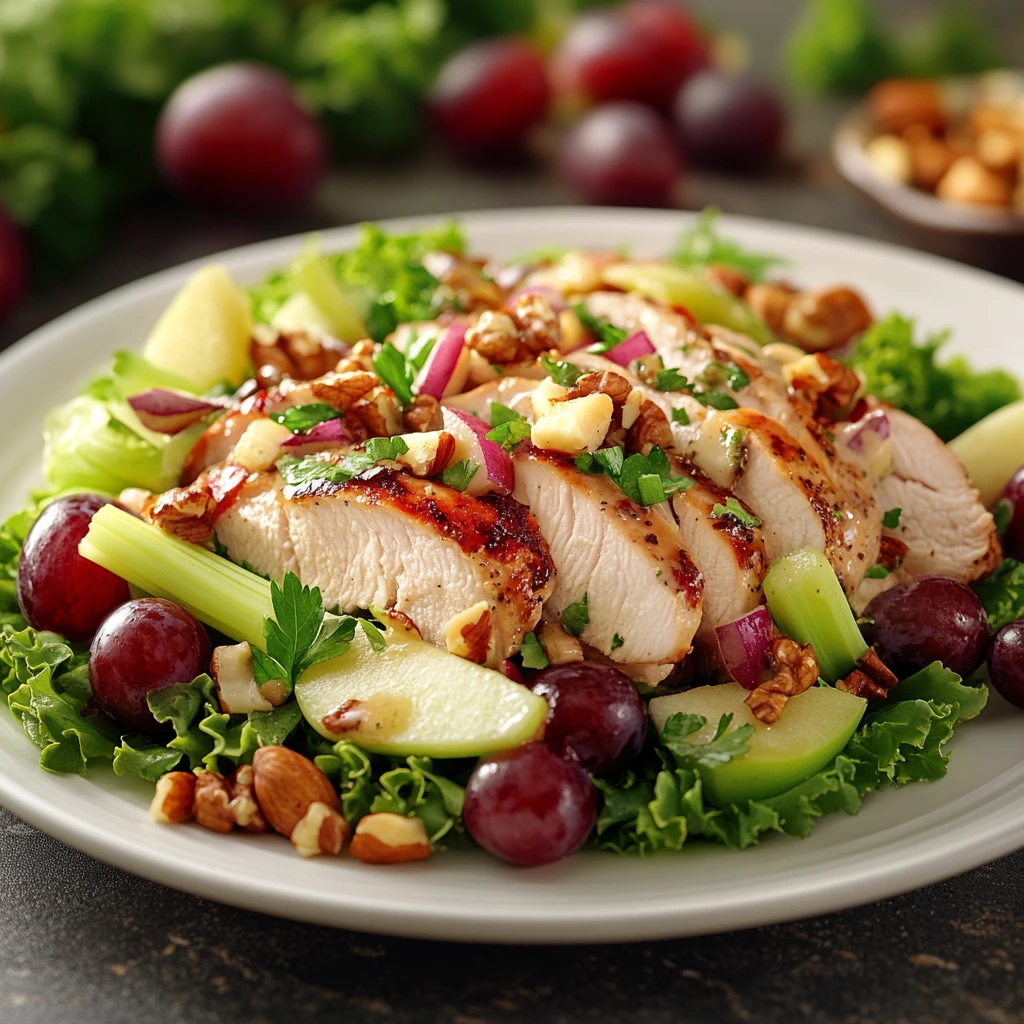 Straub's Chicken Salad with chicken breast, celery, apples, grapes, nuts, and creamy dressing in a rustic bowl on a wooden table, showcasing fresh ingredients and vibrant colors.