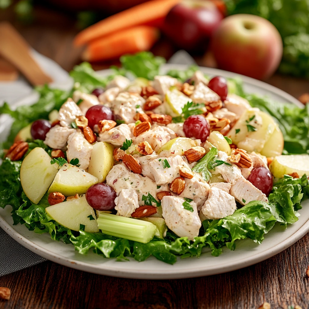 Straub's Chicken Salad with chicken breast, celery, apples, grapes, nuts, and creamy dressing in a rustic bowl on a wooden table, showcasing fresh ingredients and vibrant colors.