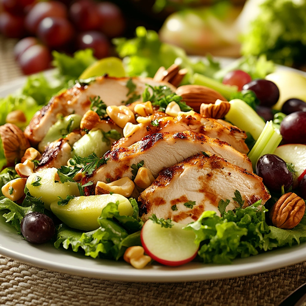 Straub's Chicken Salad with chicken breast, celery, apples, grapes, nuts, and creamy dressing in a rustic bowl on a wooden table, showcasing fresh ingredients and vibrant colors.