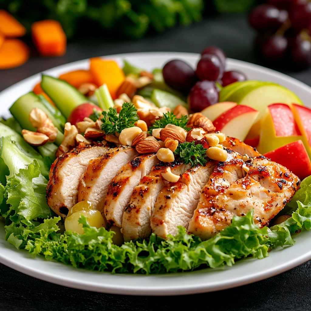 Straub's Chicken Salad with chicken breast, celery, apples, grapes, nuts, and creamy dressing in a rustic bowl on a wooden table, showcasing fresh ingredients and vibrant colors.