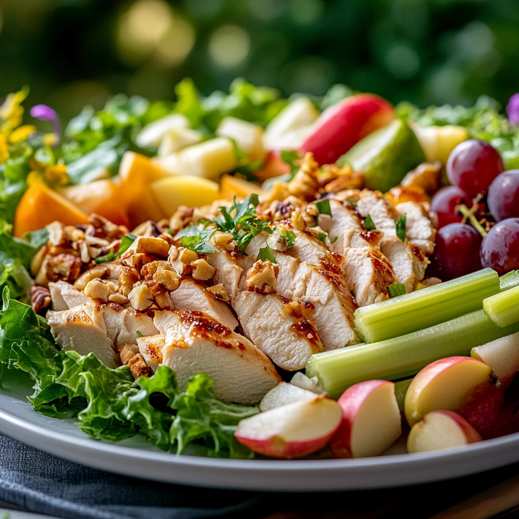 Straub's Chicken Salad with chicken breast, celery, apples, grapes, nuts, and creamy dressing in a rustic bowl on a wooden table, showcasing fresh ingredients and vibrant colors.