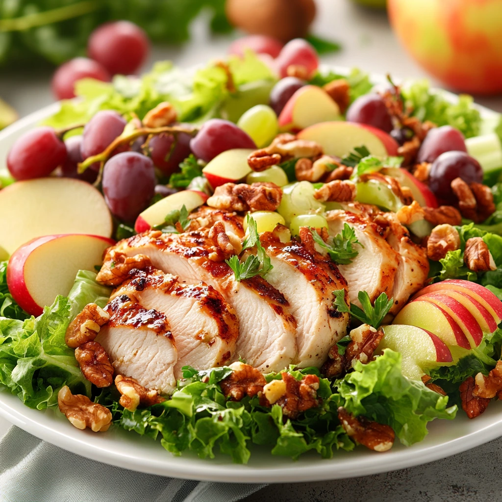 Straub's Chicken Salad with chicken breast, celery, apples, grapes, nuts, and creamy dressing in a rustic bowl on a wooden table, showcasing fresh ingredients and vibrant colors.