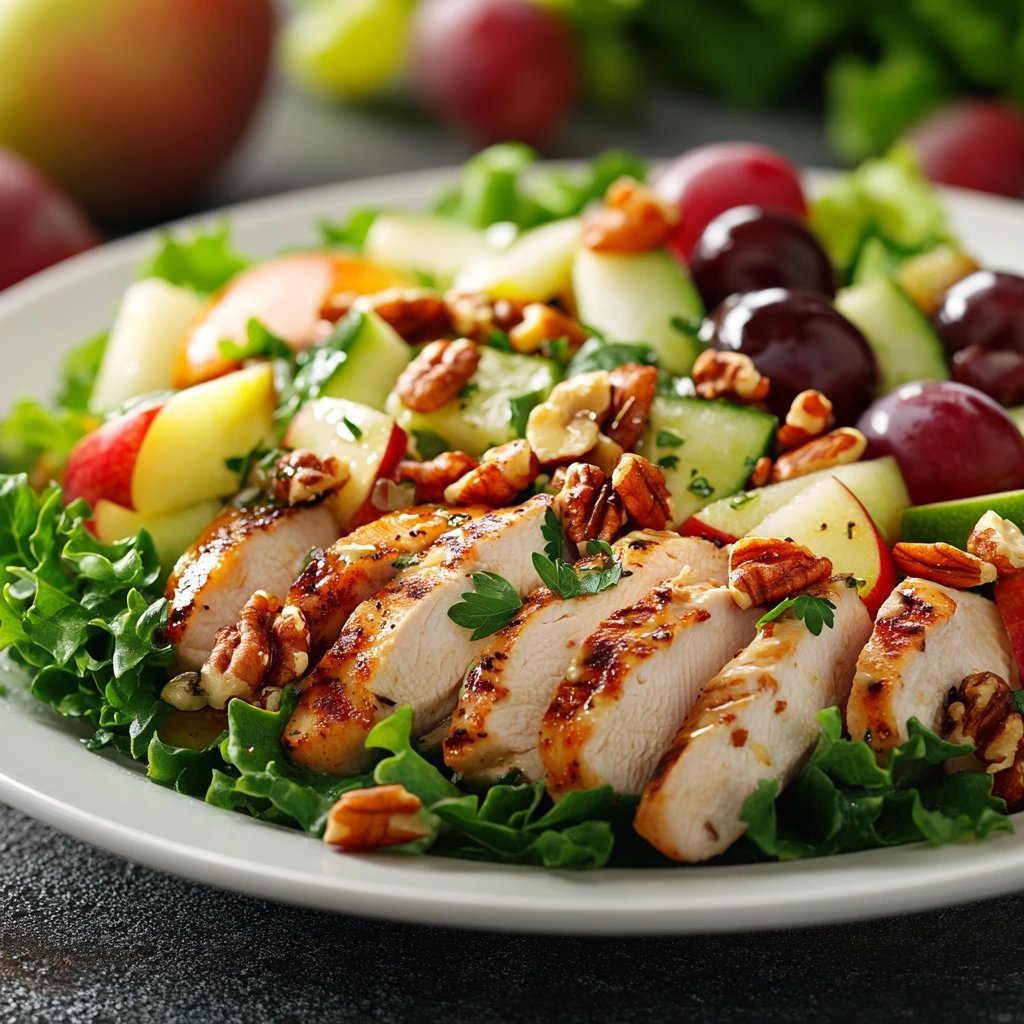 Straub's Chicken Salad with chicken breast, celery, apples, grapes, nuts, and creamy dressing in a rustic bowl on a wooden table, showcasing fresh ingredients and vibrant colors.