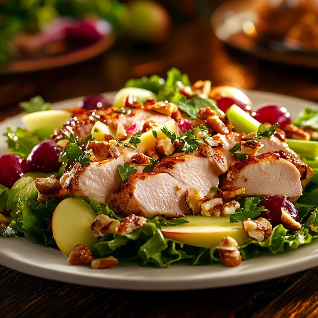 Straub's Chicken Salad with chicken breast, celery, apples, grapes, nuts, and creamy dressing in a rustic bowl on a wooden table, showcasing fresh ingredients and vibrant colors.