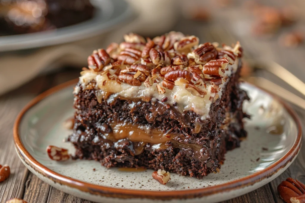 Top-down view of German chocolate poke cake recipe with coconut pecan frosting