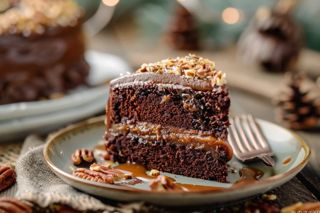 Top-down view of German chocolate poke cake recipe with coconut pecan frosting