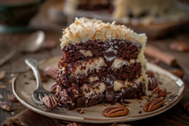 Top-down view of German chocolate poke cake recipe with coconut pecan frosting