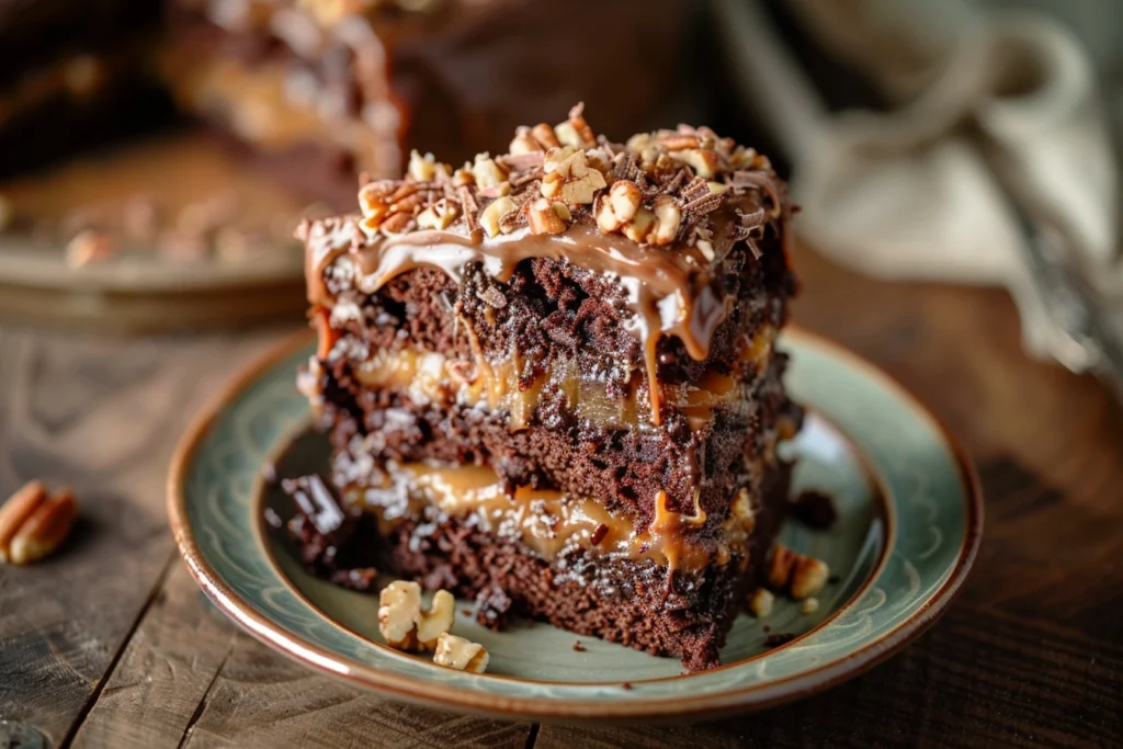 Top-down view of German chocolate poke cake recipe with coconut pecan frosting
