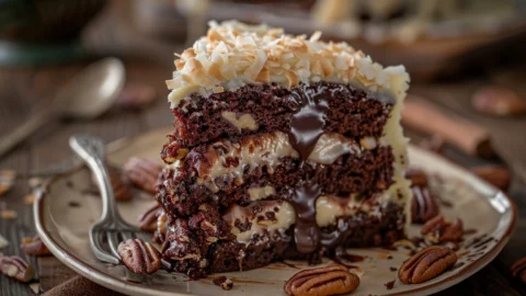 Top-down view of German chocolate poke cake recipe with coconut pecan frosting