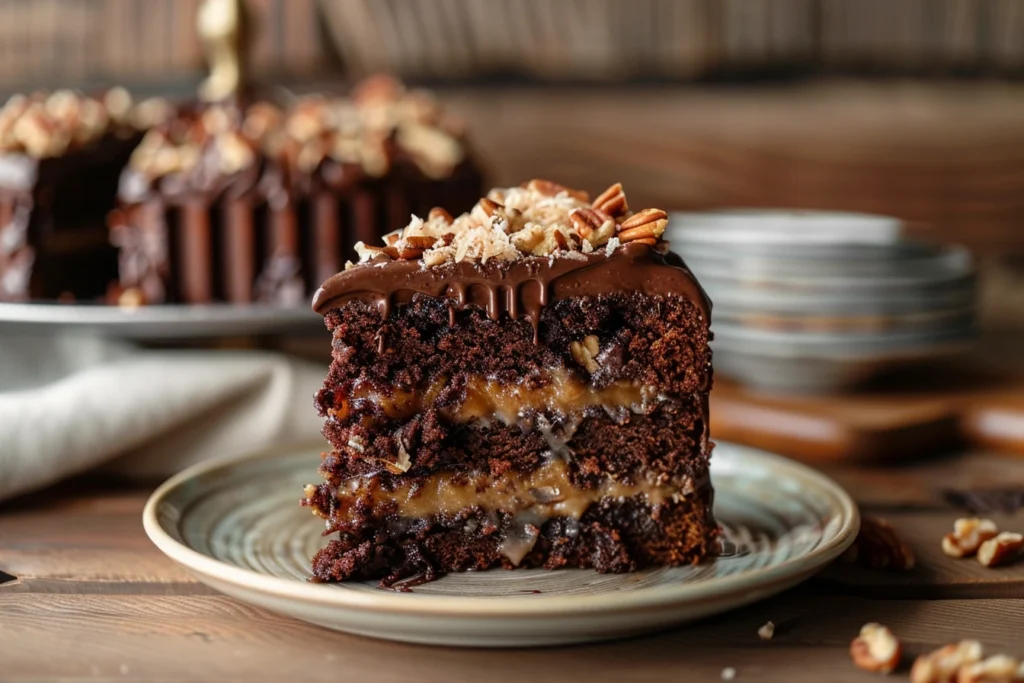 Top-down view of German chocolate poke cake recipe with coconut pecan frosting