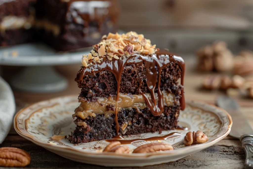 Top-down view of German chocolate poke cake recipe with coconut pecan frosting
