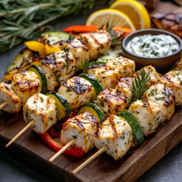 Close-up of grilled chicken skewers halloumi and herbs recipe served on a wooden platter with fresh herbs.