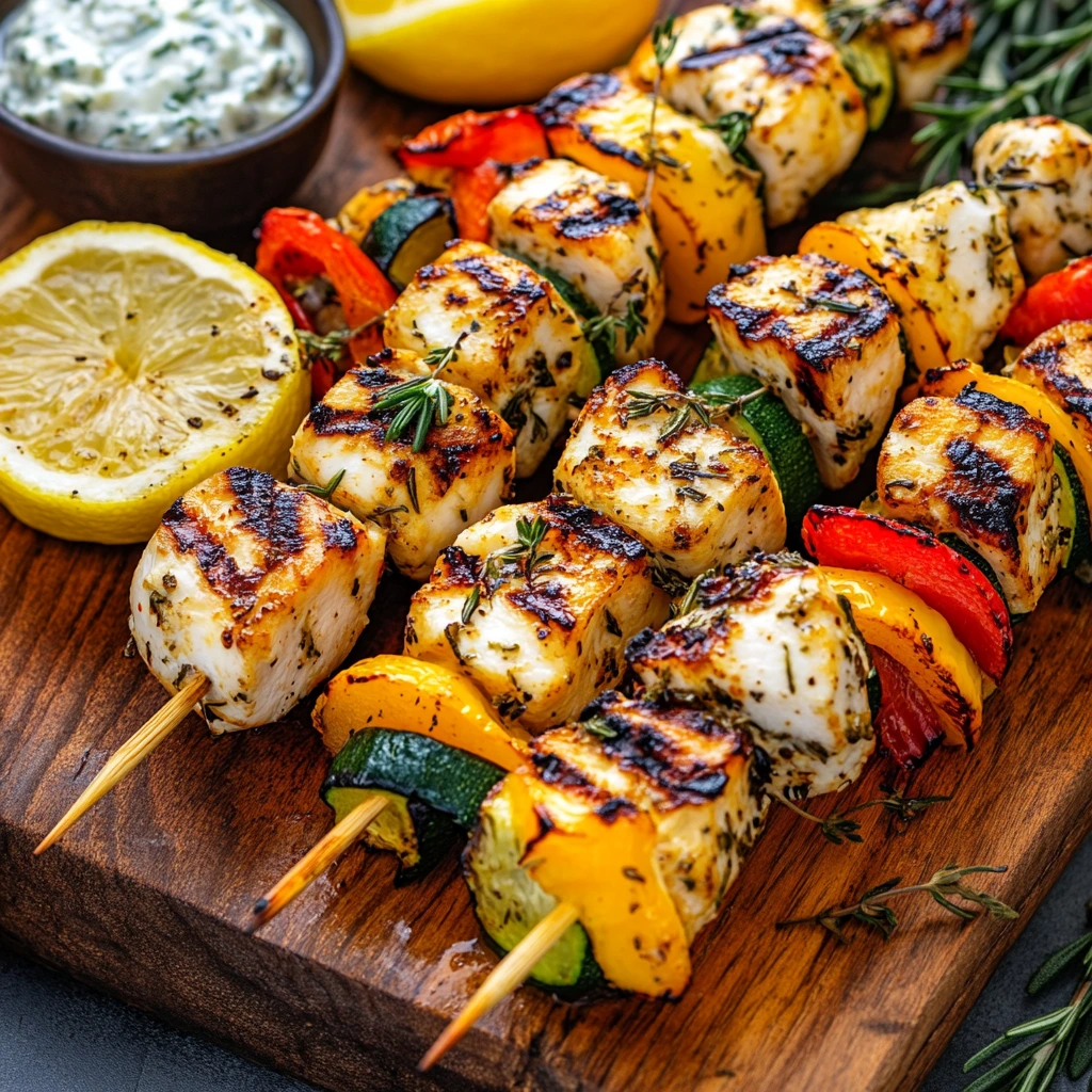 Close-up of grilled chicken skewers halloumi and herbs recipe served on a wooden platter with fresh herbs.