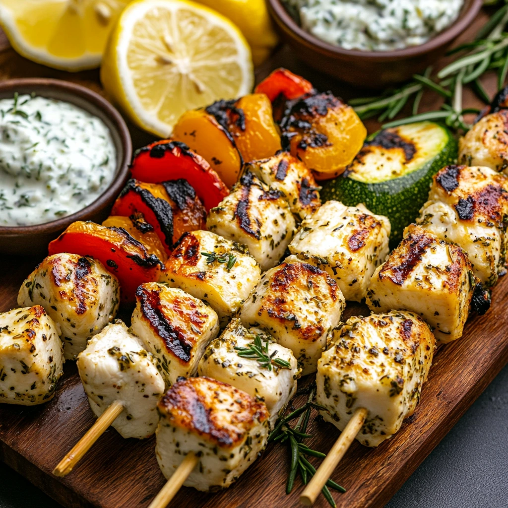 Close-up of grilled chicken skewers halloumi and herbs recipe served on a wooden platter with fresh herbs.