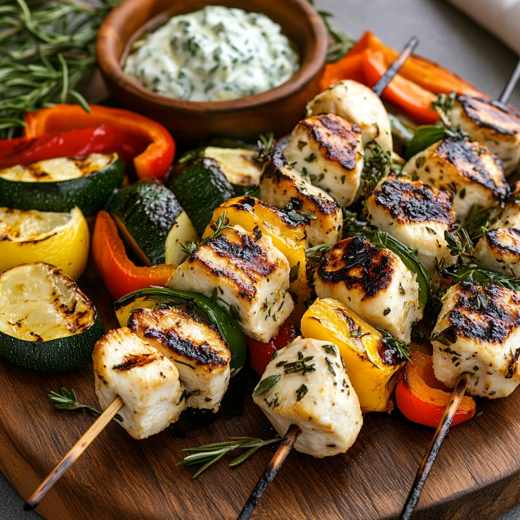 Close-up of grilled chicken skewers halloumi and herbs recipe served on a wooden platter with fresh herbs.
