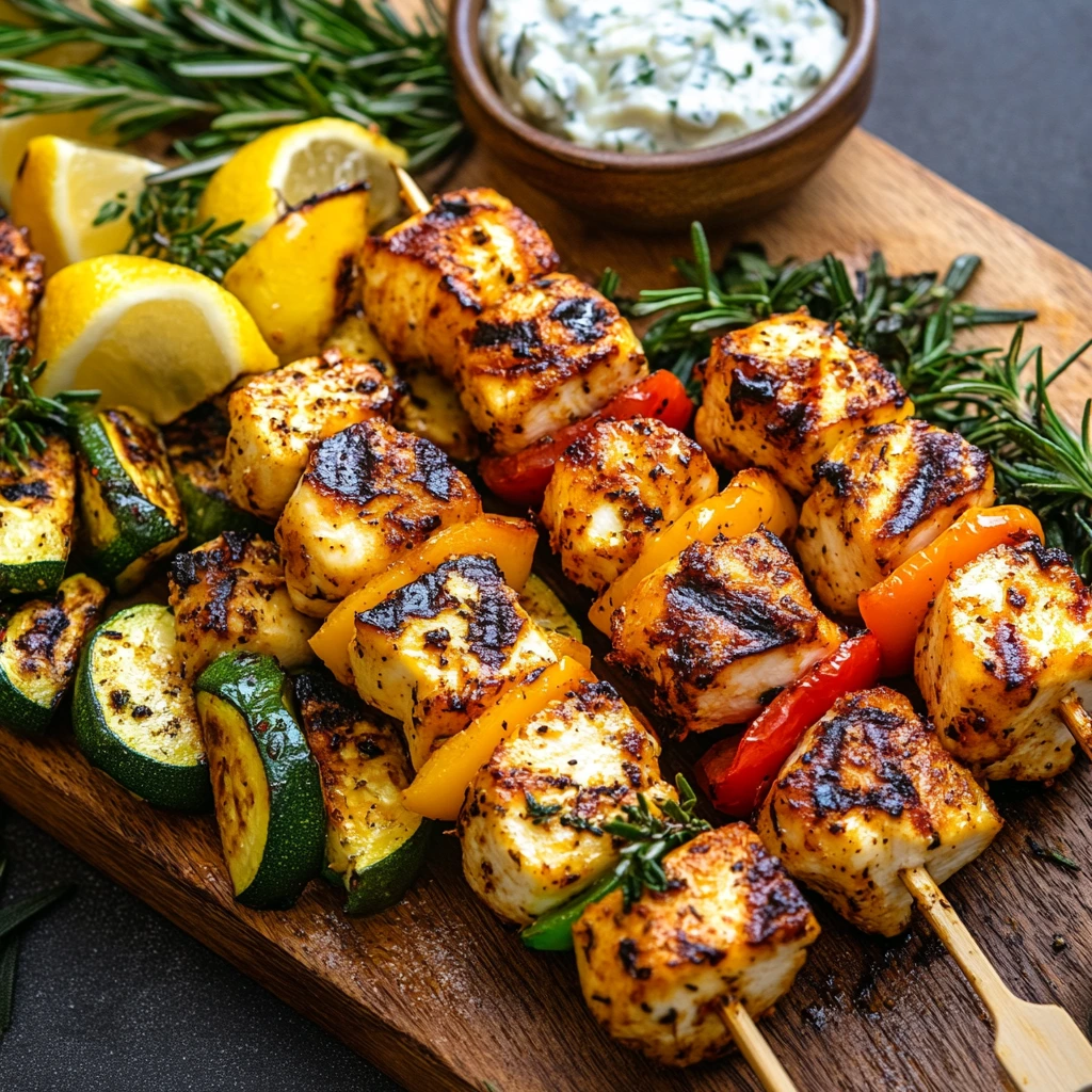 Close-up of grilled chicken skewers halloumi and herbs recipe served on a wooden platter with fresh herbs.