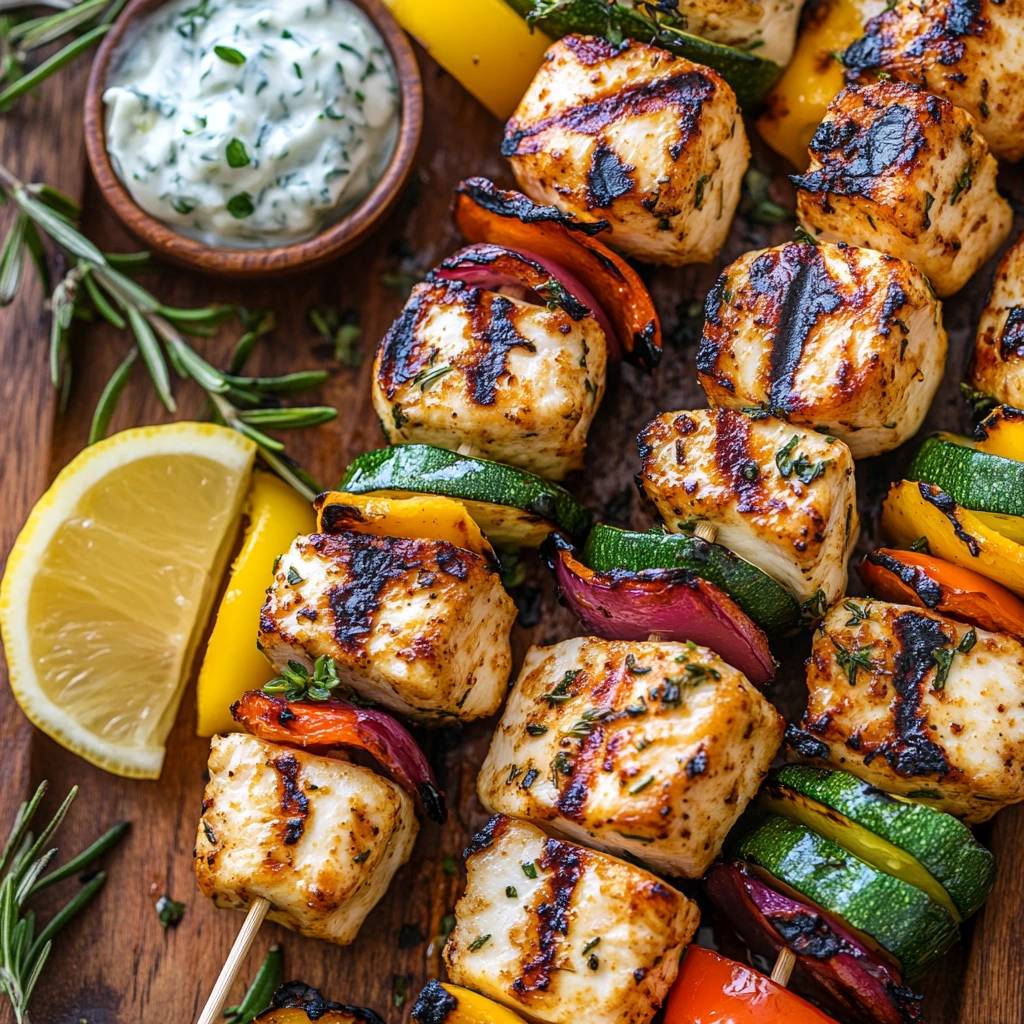 Close-up of grilled chicken skewers halloumi and herbs recipe served on a wooden platter with fresh herbs.