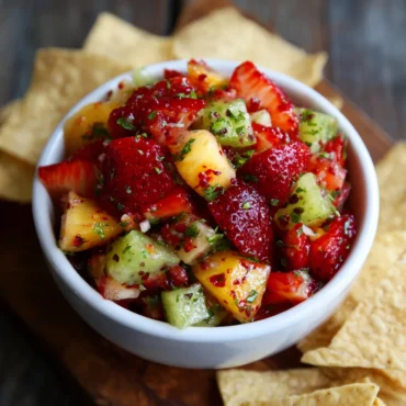 Fresh homemade fruit salsa recipe with strawberries, kiwi, and apples served with cinnamon chips